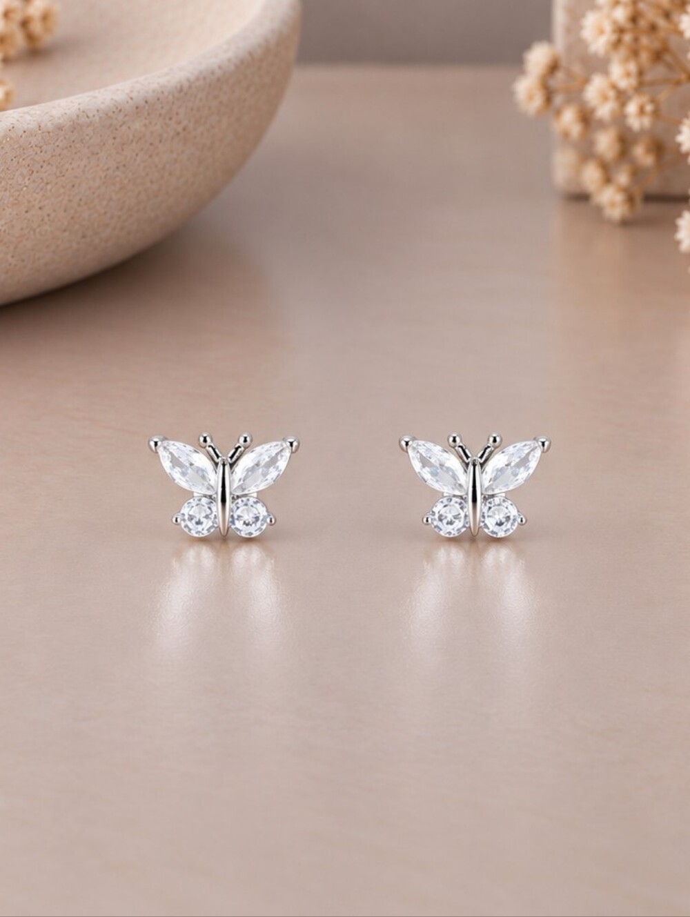 Silver Butterfly Crystal Stud Earrings